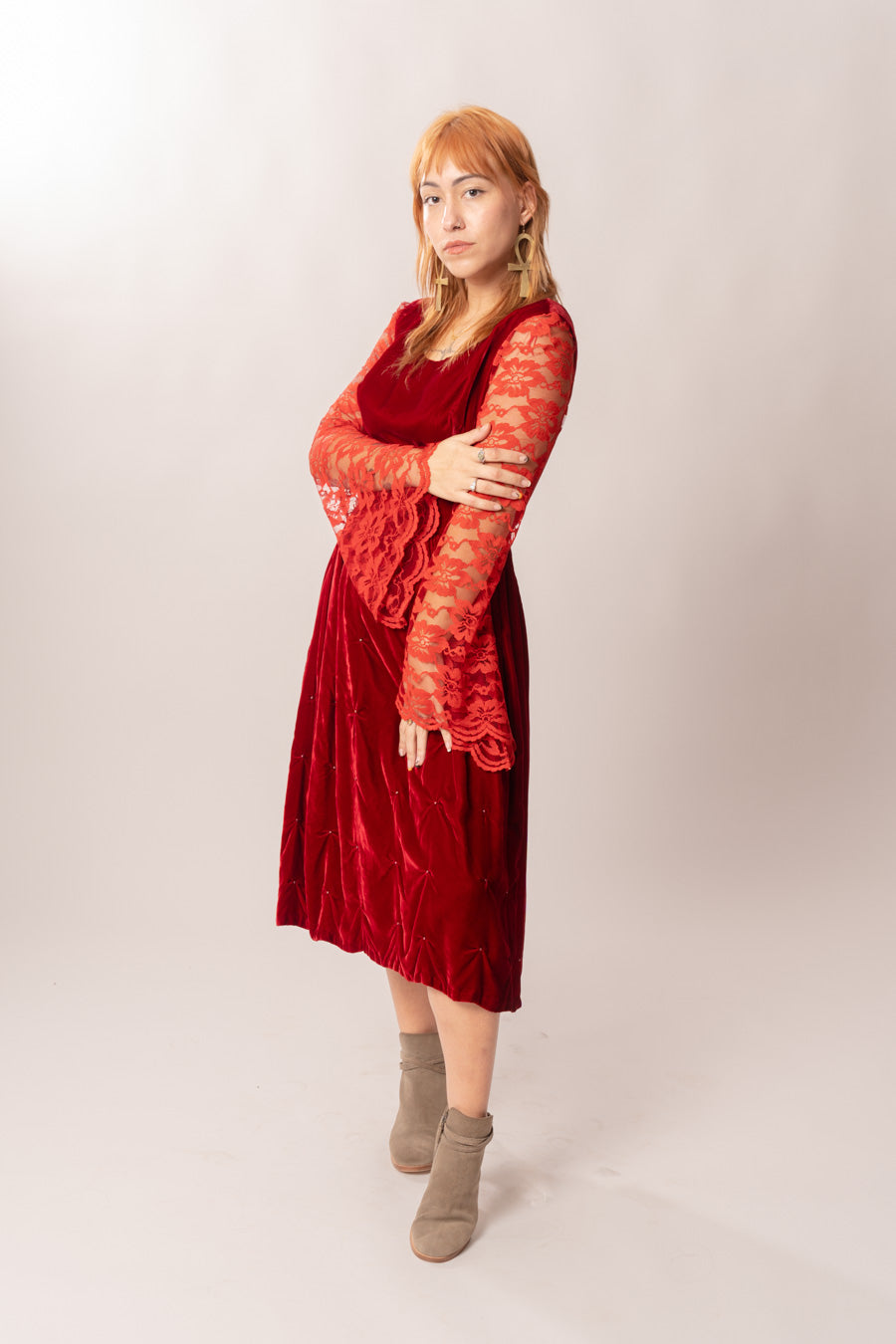 1960s Red Velvet & Lace Dress 1960s Red Velvet & Lace Dress