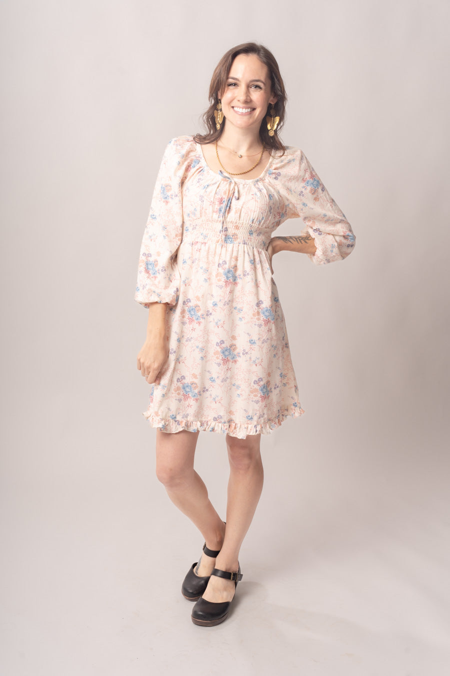 knee length dresses for ladies 1970’s Cream Floral Cotton Mini Prairie Dress