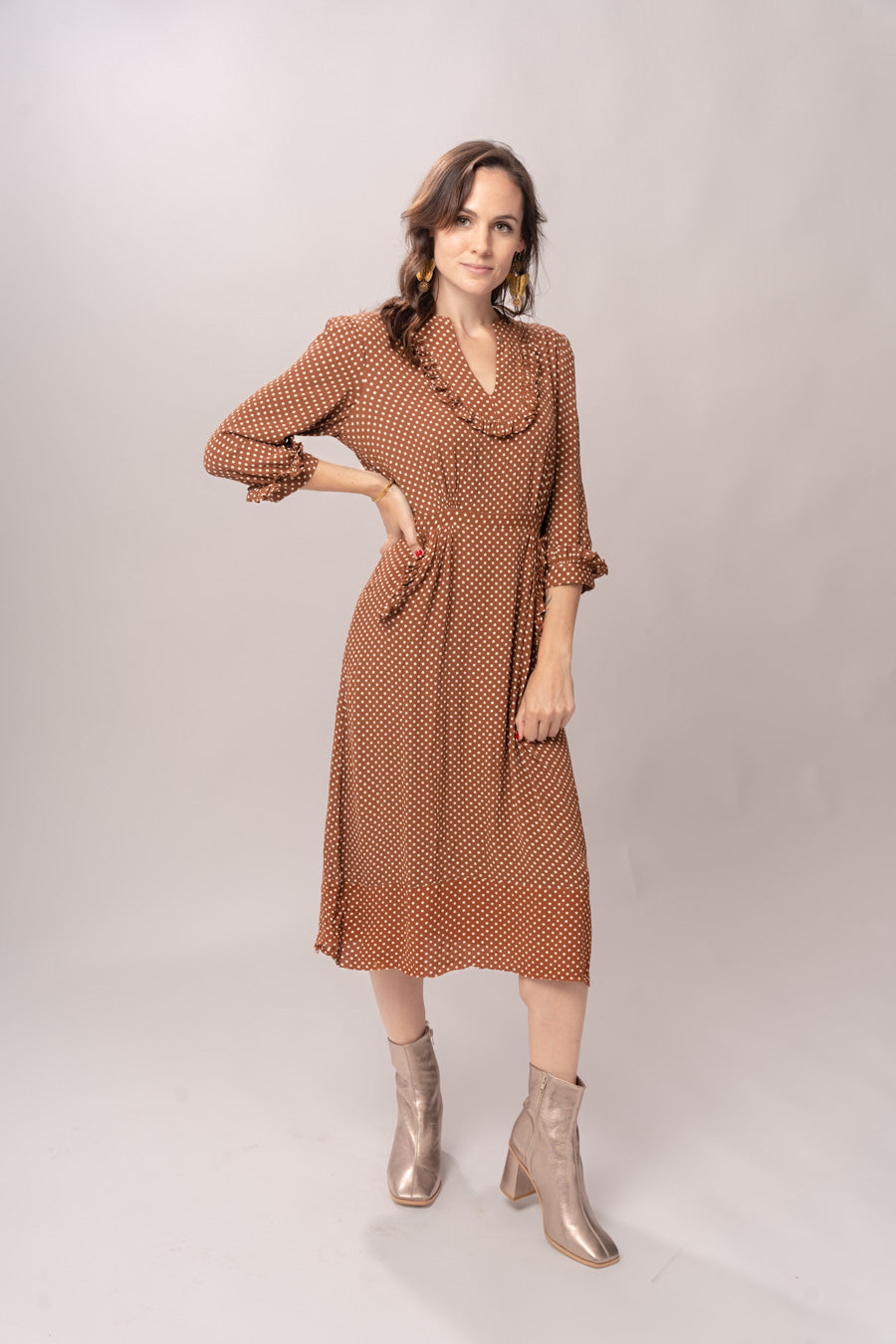 margie midi dress 1940's Margie Joy Brown Polka Dot Ruffle Midi Dress – Charm School Vintage