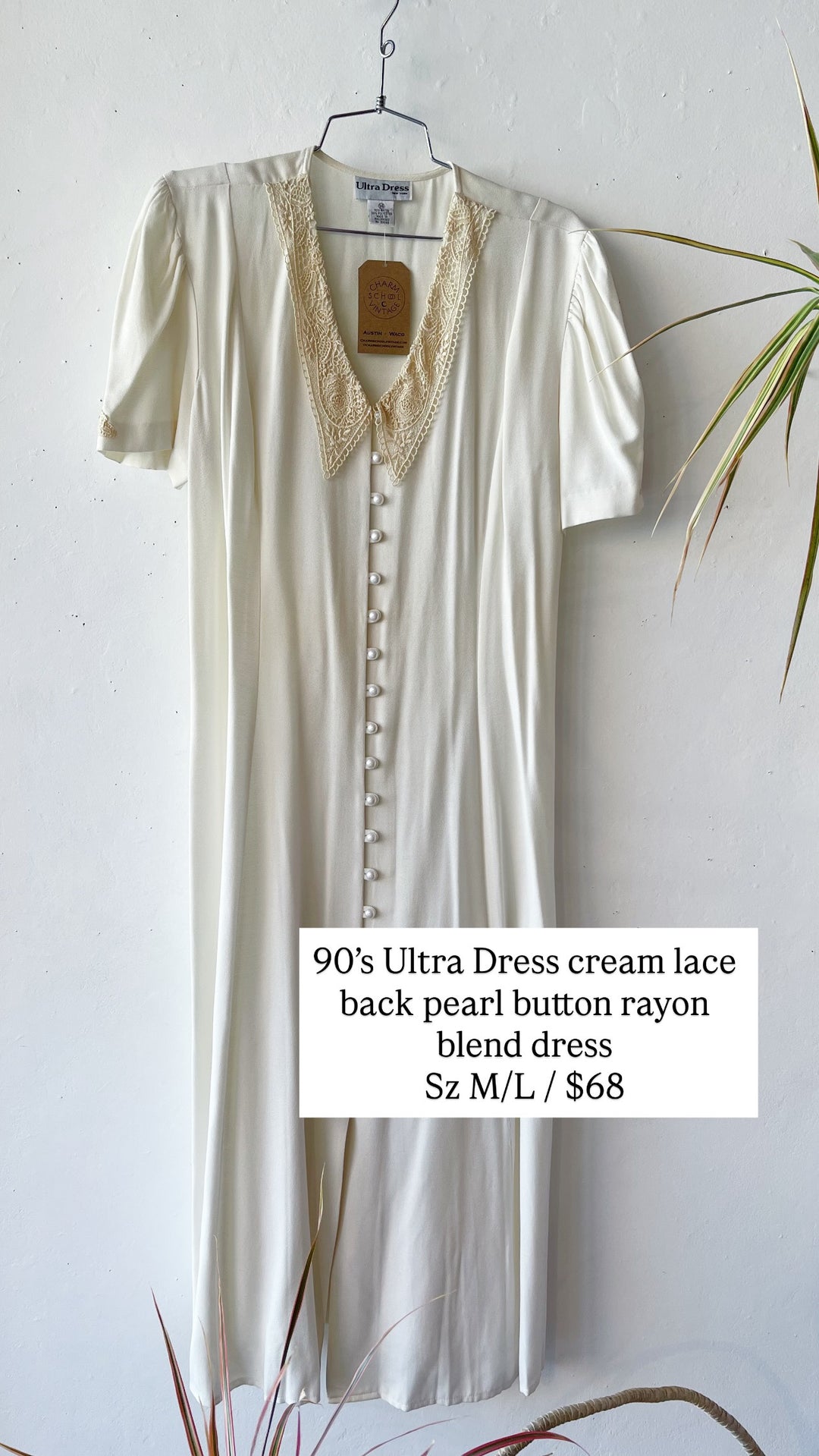 90’s Ultra Dress cream lace black pearl button rayon blend dress sz M/L $68