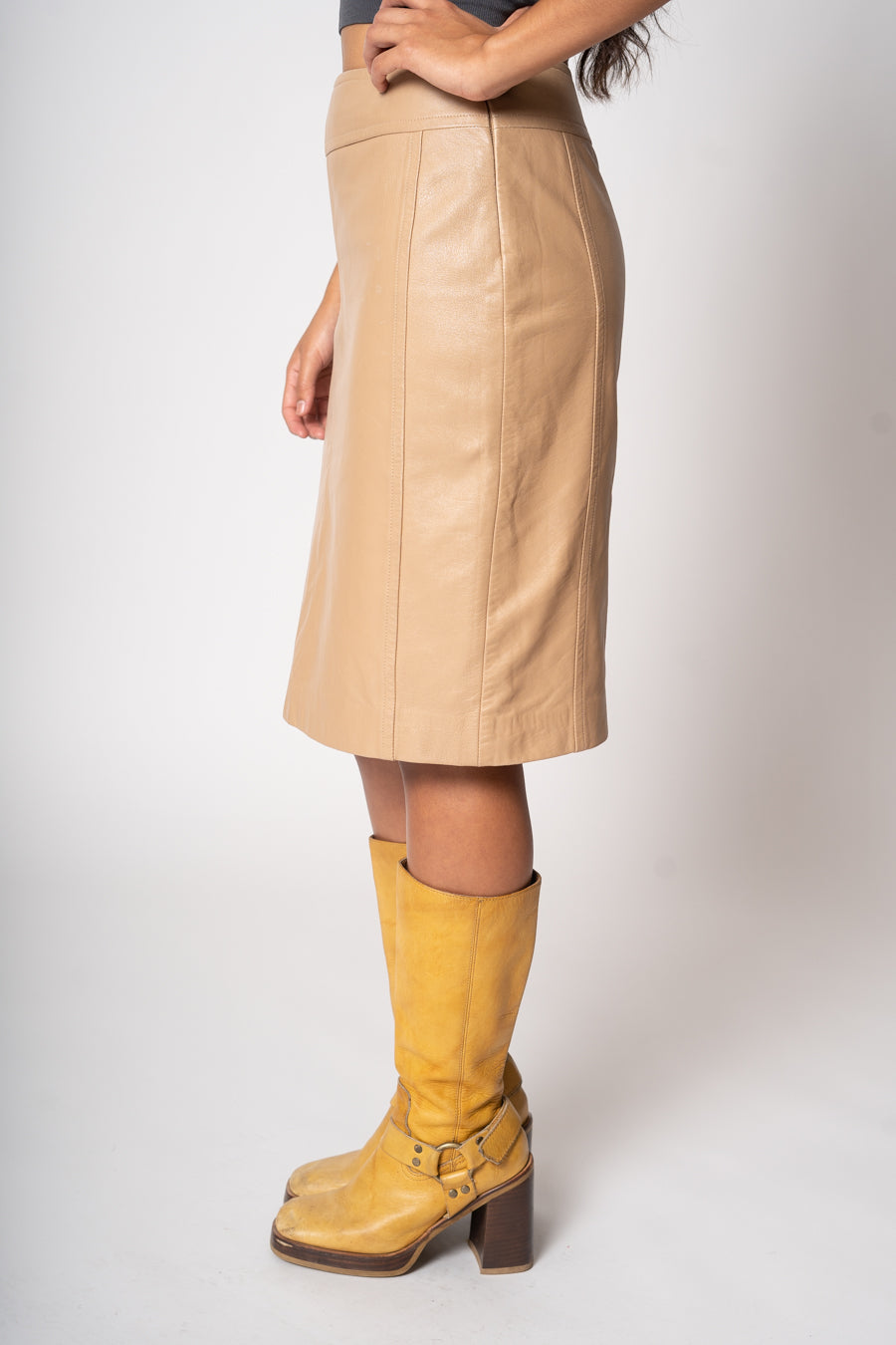 Beige Leather Pencil Skirt