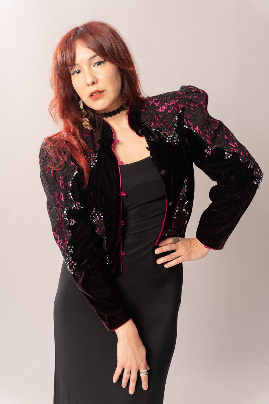 1980’s Black Velvet & Lace Sequin Jacket