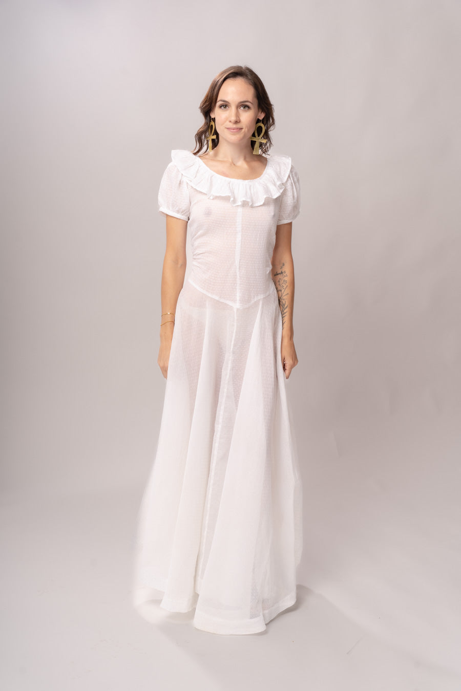 1930’s White Swiss Dot Puff Sleeve Maxi Dress