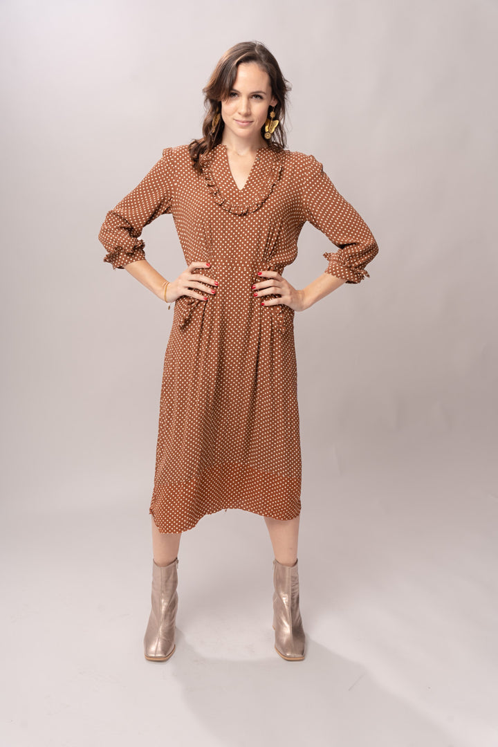 1940’s Margie Joy Brown Polka Dot Ruffle Midi Dress