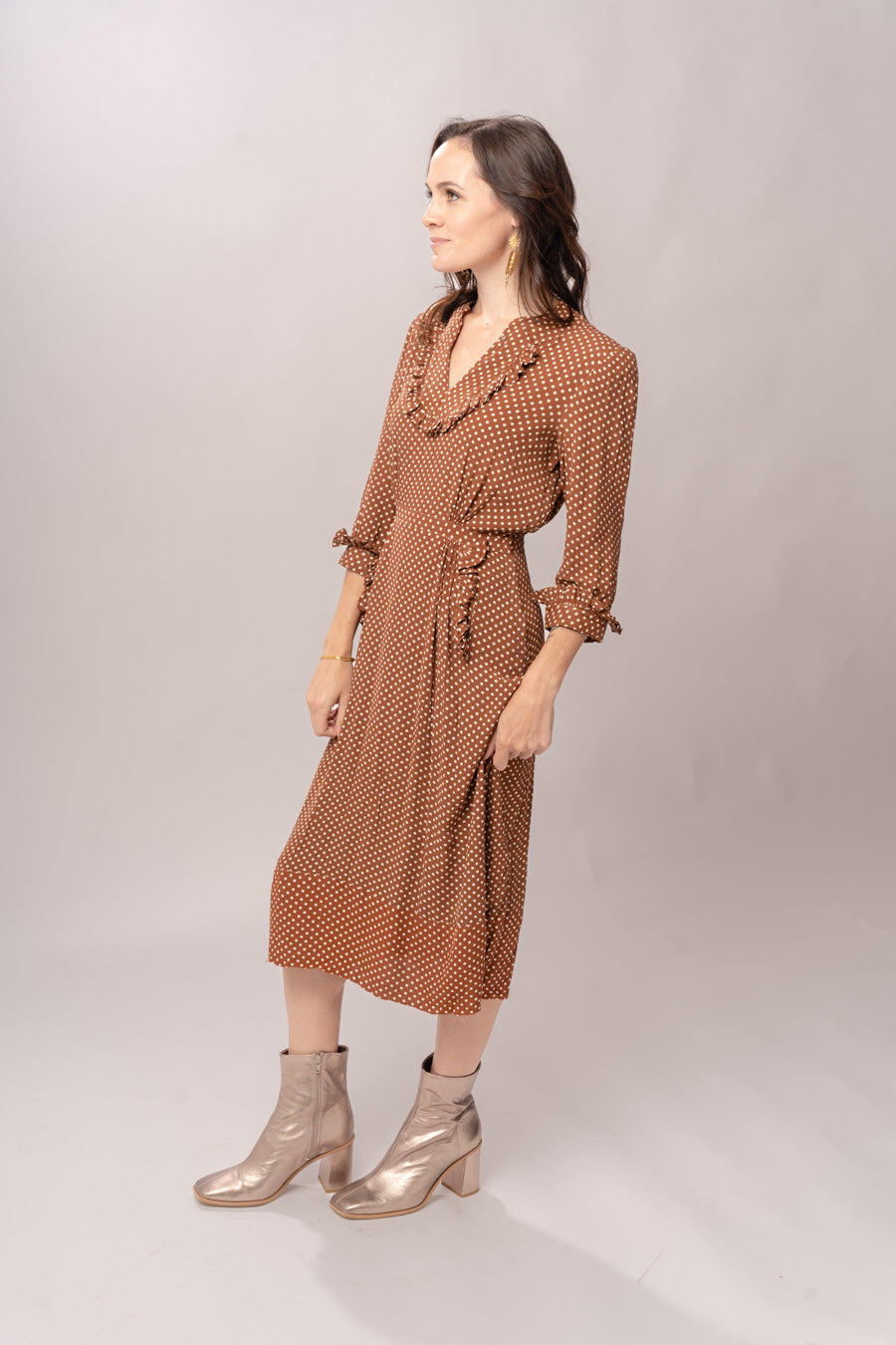 1940’s Margie Joy Brown Polka Dot Ruffle Midi Dress