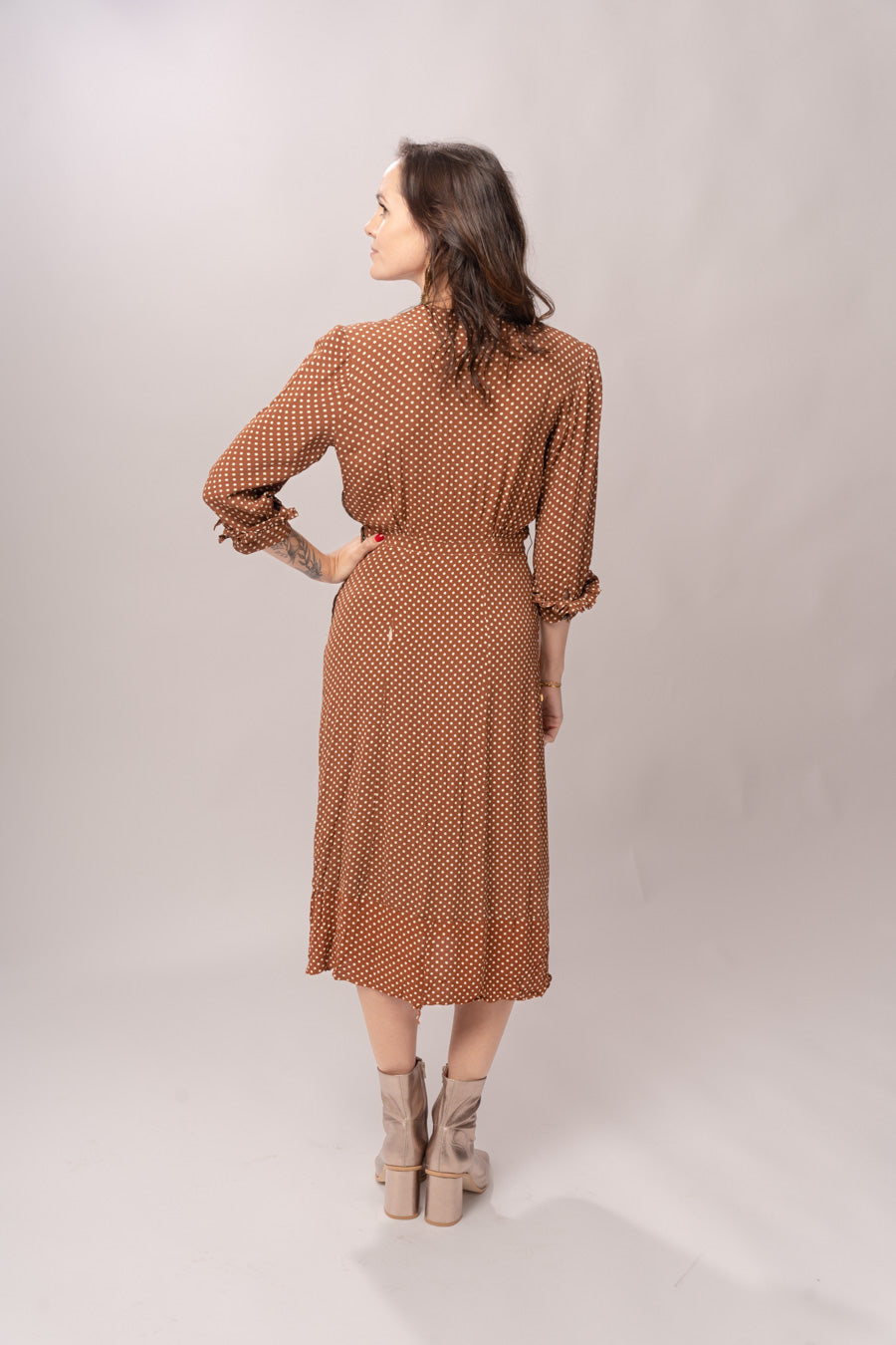 1940’s Margie Joy Brown Polka Dot Ruffle Midi Dress