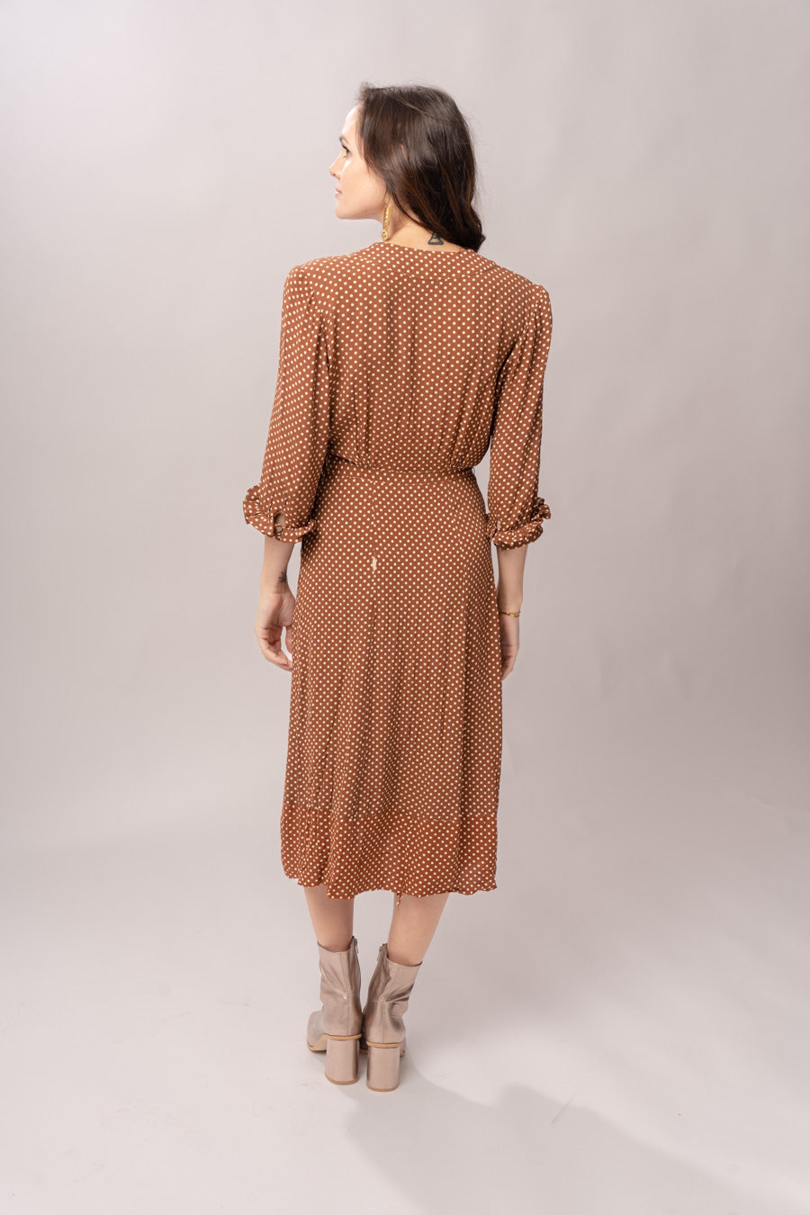 1940’s Margie Joy Brown Polka Dot Ruffle Midi Dress