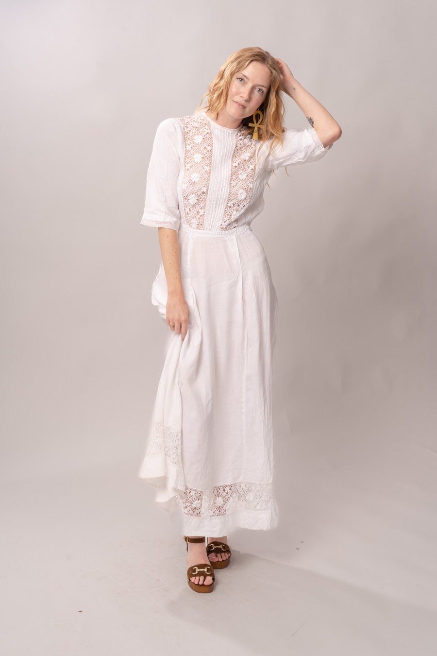 Edwardian White Cotton & Lace Panel Dress