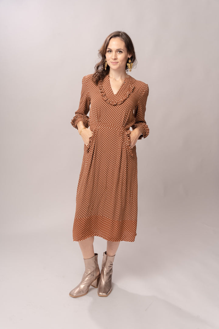 1940’s Margie Joy Brown Polka Dot Ruffle Midi Dress