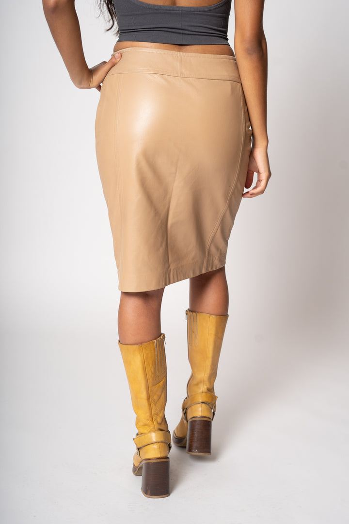 Beige Leather Pencil Skirt